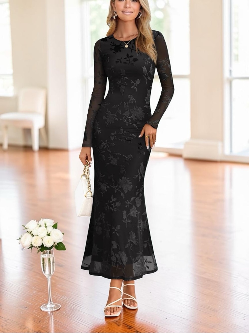 Elegant Black Floral Mesh Long-Sleeve Maxi Dress